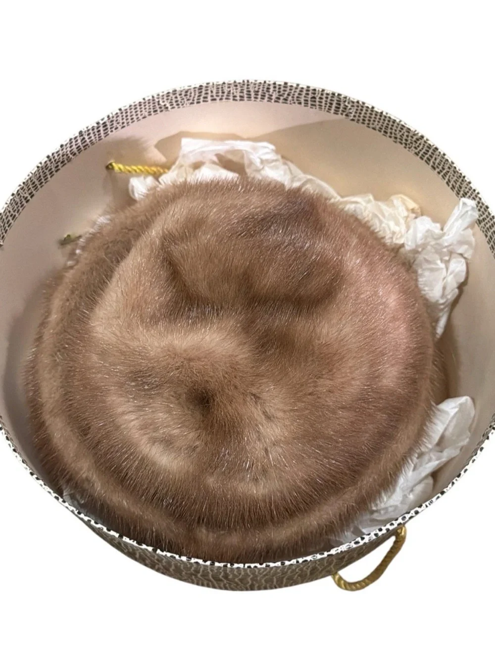 Vintage Lord & Taylor Genuine Mink Pillbox Hat with Julius Garfinckel & Co. box